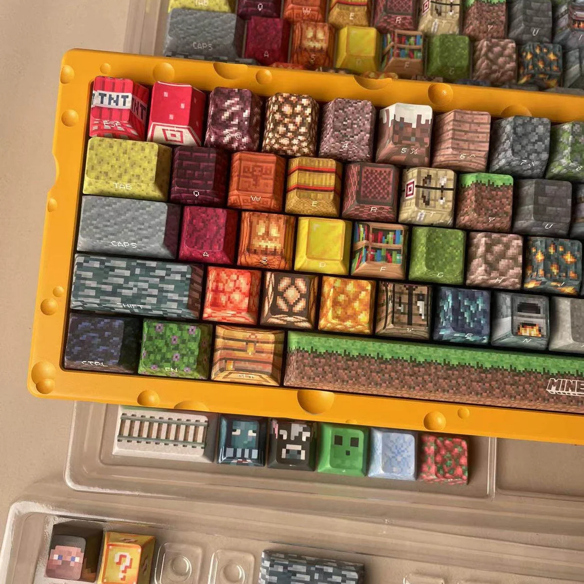 A vivid close-up of the authentic Minecraft pixel art keycaps set, featuring beloved game characters and blocks in Cherry profile, perfect for playful gaming setup.