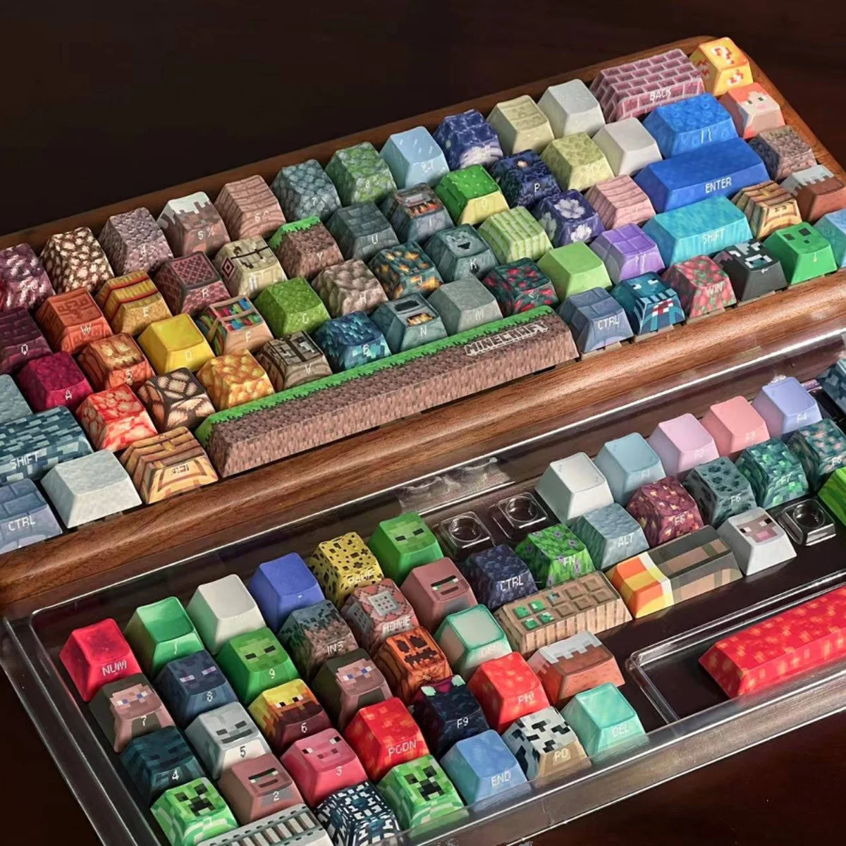 A vibrant set of authentic Minecraft pixel art keycaps set, featuring beloved game blocks and characters, ready to upgrade your gaming keyboard with playful design.