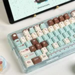 Delightful mint chocolate PBT dye-sub keycaps set displayed from multiple angles, highlighting their premium quality and inviting mint green and warm chocolate.