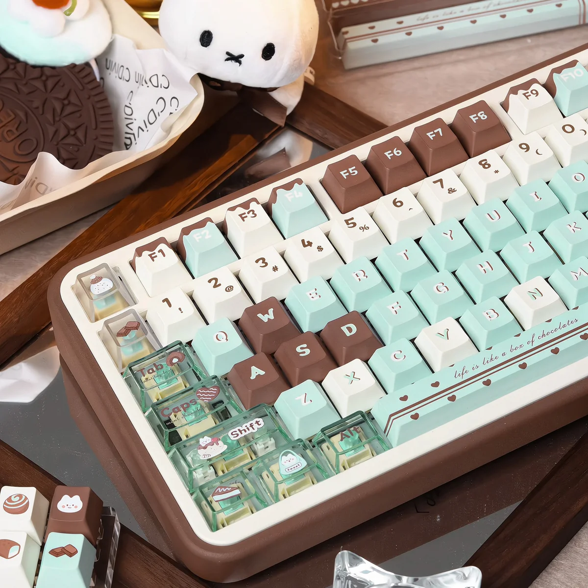 Premium PBT dye-sub mint chocolate keycaps set from multiple angles. Features mint green and warm chocolate brown, for a sweet, comforting keyboard look.