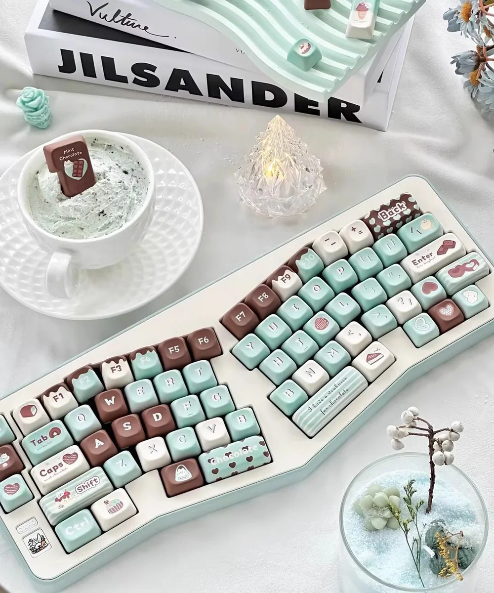 Premium Mint Chocolate PBT dye-sub keycaps set shown from various angles, highlighting sweet mint green and warm chocolate brown.