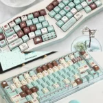 Close-up of delightful premium PBT dye-sub mint chocolate keycaps set. Inviting mint green and warm chocolate brown create a sweet, comforting keyboard aesthetics.