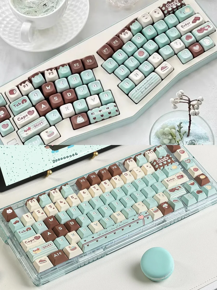 Close-up of delightful premium PBT dye-sub mint chocolate keycaps set. Inviting mint green and warm chocolate brown create a sweet, comforting keyboard aesthetics.