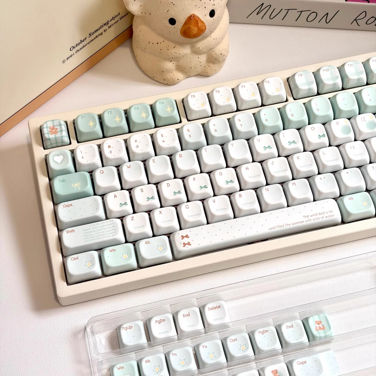 Misty Mint PBT+PC translucent keycaps set from multiple angles, highlighting their serene, ethereal mist-like quality and refreshing coastal aesthetic.