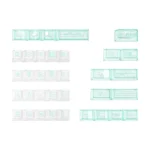 Ethereal close-up of 35 individual Misty Mint PBT+PC translucent keycaps set, reflecting the serene, salty mint freshness of coastal mist.