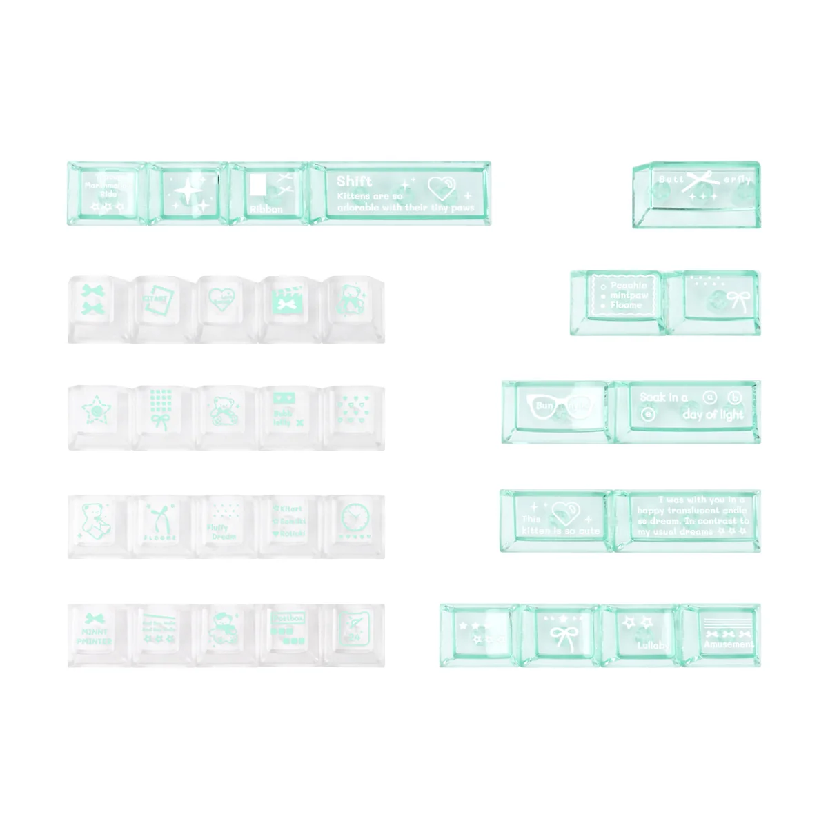 Ethereal close-up of 35 individual Misty Mint PBT+PC translucent keycaps set, reflecting the serene, salty mint freshness of coastal mist.