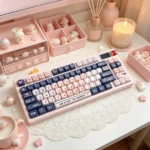 Blues Pink Voice Ergonomic MOA keycap set, artistically presented to reveal its vibrant blue and pink hues and sophisticated MOA profile.
