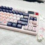 Blues Pink Voice Ergonomic MOA Keycap Set, showcasing vibrant blues and soft pinks from multiple artistic angles.