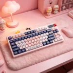 Artistic views of the Blues Pink Voice Ergonomic MOA Keycap Set, highlighting its vibrant blue and pink hues and sophisticated MOA profile from various angle.