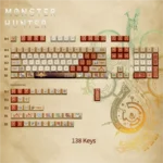 Close-up of exclusive Monster Hunter Wilds PBT Dye-Sub gaming keycaps set, showcasing intricate creature-inspired designs and premium finish from multiple angles.