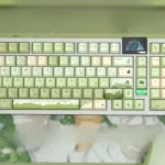 A premium Serene Mountain Stream Side-Lit PBT Keycap Set, displaying its tranquil design and luminous, side-engraved legends on durable PBT for mechanical keyboard.
