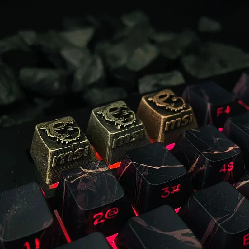 Premium handcrafted MSI Logo artisan keycap, multi-angle view, showcasing its industrial retro design, iconic logo, metallic luster, and tactile feel.