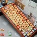 Naruto PBT dye-sub keycaps set with vibrant anime characters and ninja symbols from a detailed artistic angle, showcasing an immersive, high-quality set.