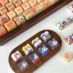 Naruto PBT dye-sub keycaps set with vibrant anime characters and ninja symbols from a detailed artistic angle, showcasing an immersive, high-quality set.