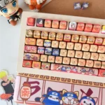 Detailed side view of the vibrant PBT dye-sub Naruto keycaps set, revealing crisp anime-inspired designs and iconic ninja motifs for an immersive experience.