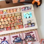 Artistic Naruto PBT dye-sub keycaps set, artistically showcasing iconic anime characters and ninja symbols from various angles. An immersive set to unleash ninja spirit.
