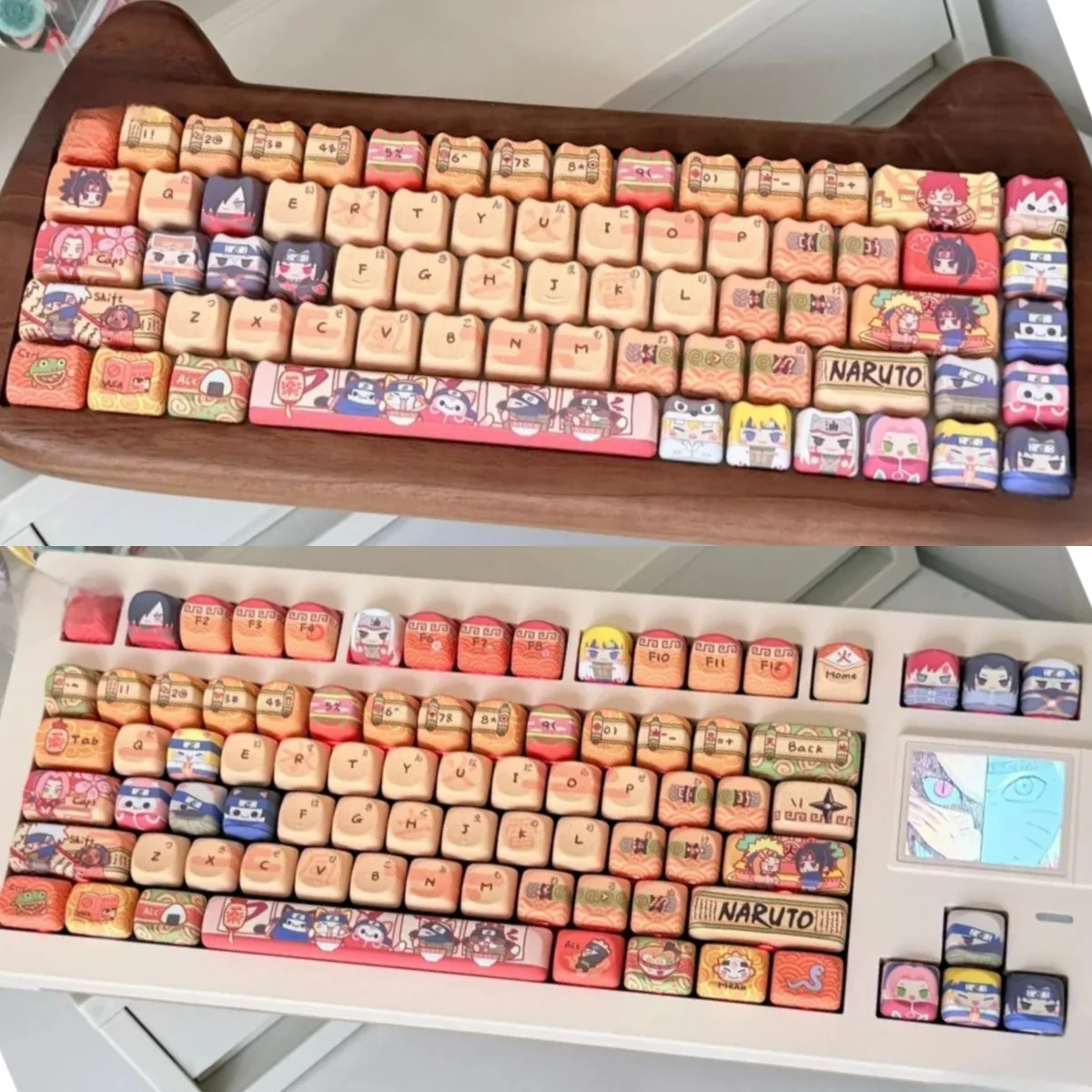 Artistic Naruto keycaps set, PBT dye-sublimated, displaying vibrant anime characters and ninja motifs to immerse your keyboard in epic style.
