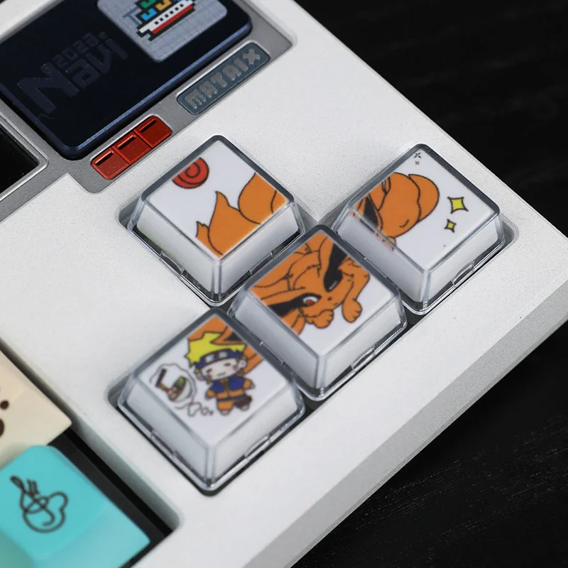 Serene Naruto & Kurama handcrafted resin keycap set, prominently displaying the vibrant, detailed artistic scene. Exquisite Naruto keycaps for collectible artisan.