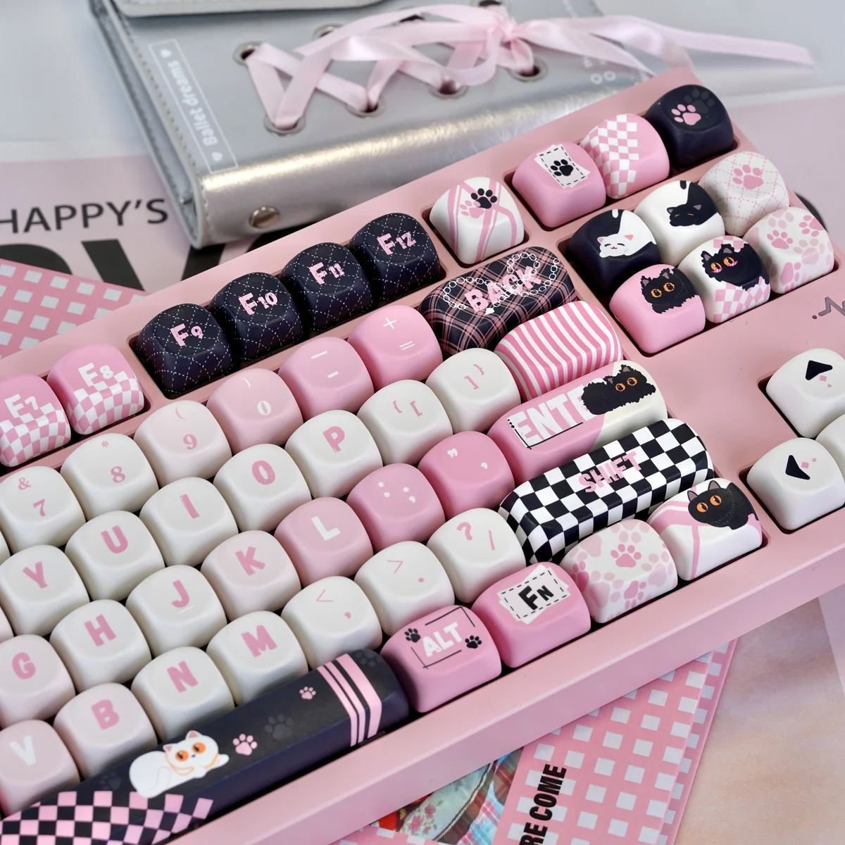 Mischievous Naughty Cat PBT artisan keycap set gallery. Showcasing vibrant dye-sub colors and smooth MOA profile for mechanical keyboards.
