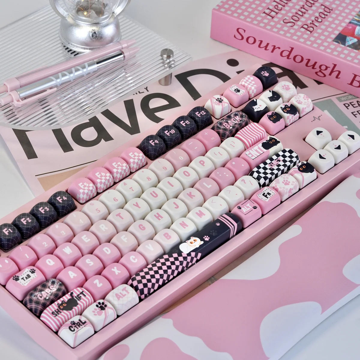 Charming Naughty Cat PBT artisan keycap set for mechanical keyboards, featuring vibrant dye-sub colors and a smooth MOA profile.