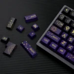 Close-up of translucent PBT Night Sky keycaps set, showcasing the ethereal side-engraved legends glowing like distant stars against a cosmic backdrop.