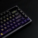 Artistic view of Night Sky PBT keycaps set. Translucent, side-engraved legends glow like stars, embodying cosmic wonder. Perfect for mechanical keyboards.