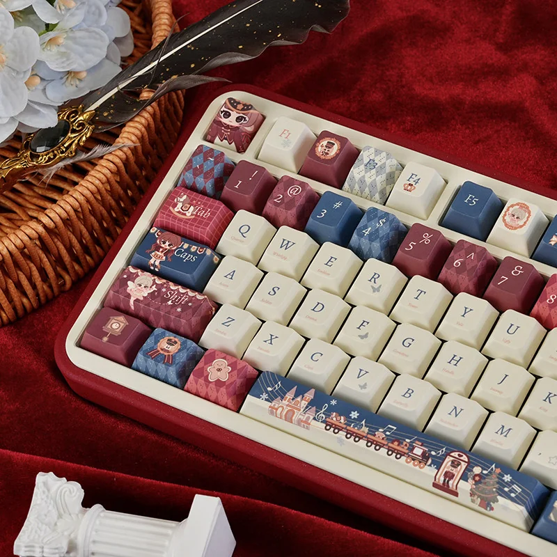 Whimsical Nutcracker PBT Dye-Sub Keycaps Set. Enchanting ballet motifs, festive colors, and whimsical characters from various angles. Artistic Nutcrackers design.