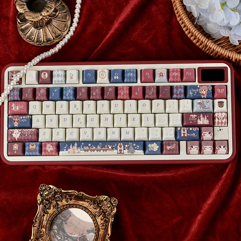 Whimsical Nutcracker PBT Dye-Sub Keycaps Set shown on a mechanical keyboard, featuring enchanting ballet motifs and vibrant, festive character illustration design.