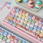 Multiple views of vibrant, adorable Chibi Overwatch hero keycaps set, showcasing iconic game characters as unique collectible keyboard accessories for gamers.