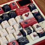 Product gallery of the Intricate Palace Secret PBT Dye-Sub Keycap Set. Showcases regal, ancient palace motifs and artistic craftsmanship from various angles.