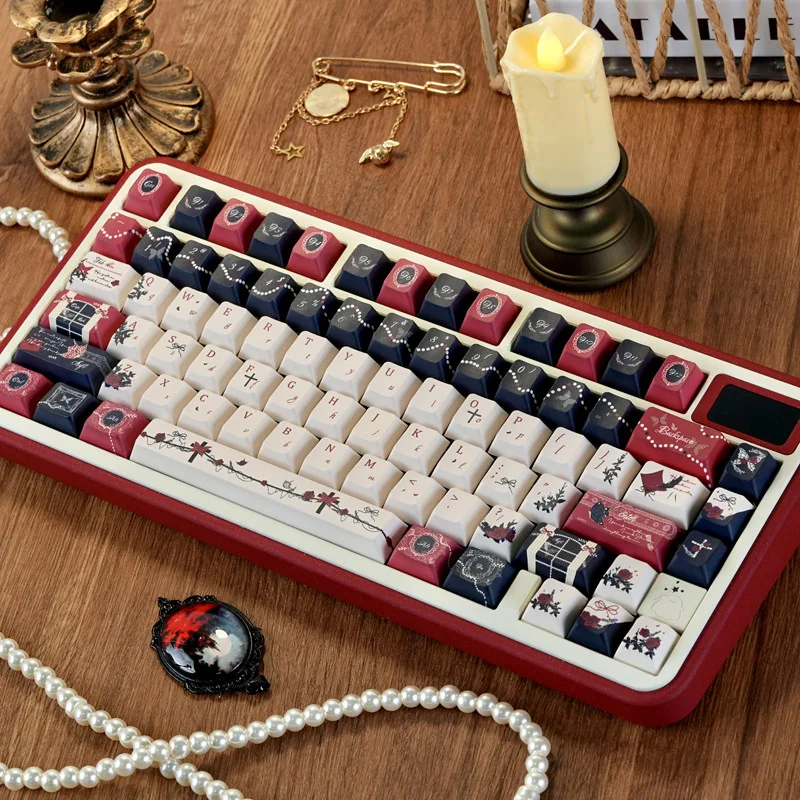 Close-up of the intricate Palace Secret PBT Dye-Sub Keycap Set, highlighting its regal, ancient palace-inspired motifs and mysterious aesthetic.