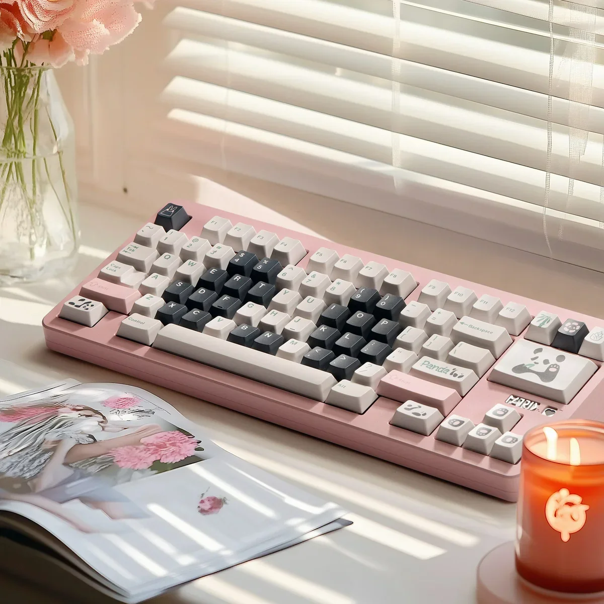 Artistic angled view of Panda PBT keycaps set, showcasing crisp dye-sub legends and charming panda motif. Highlights durable PBT and the warm hues.