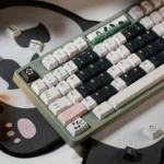 Panda PBT keycaps set in a playful aesthetic, warm hues. Showcases durable PBT, crisp dye-sub legends, and unique artistic panda motifs.