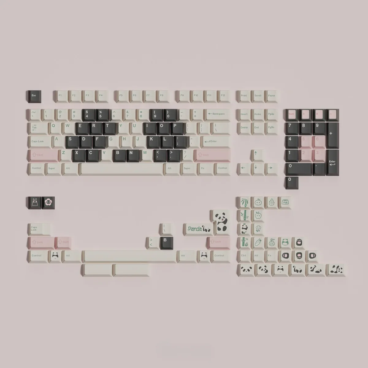 Artistic Panda PBT keycaps set: durable PBT, crisp dye-sub legends, charming panda motif. Minimalist design, warm aesthetic.