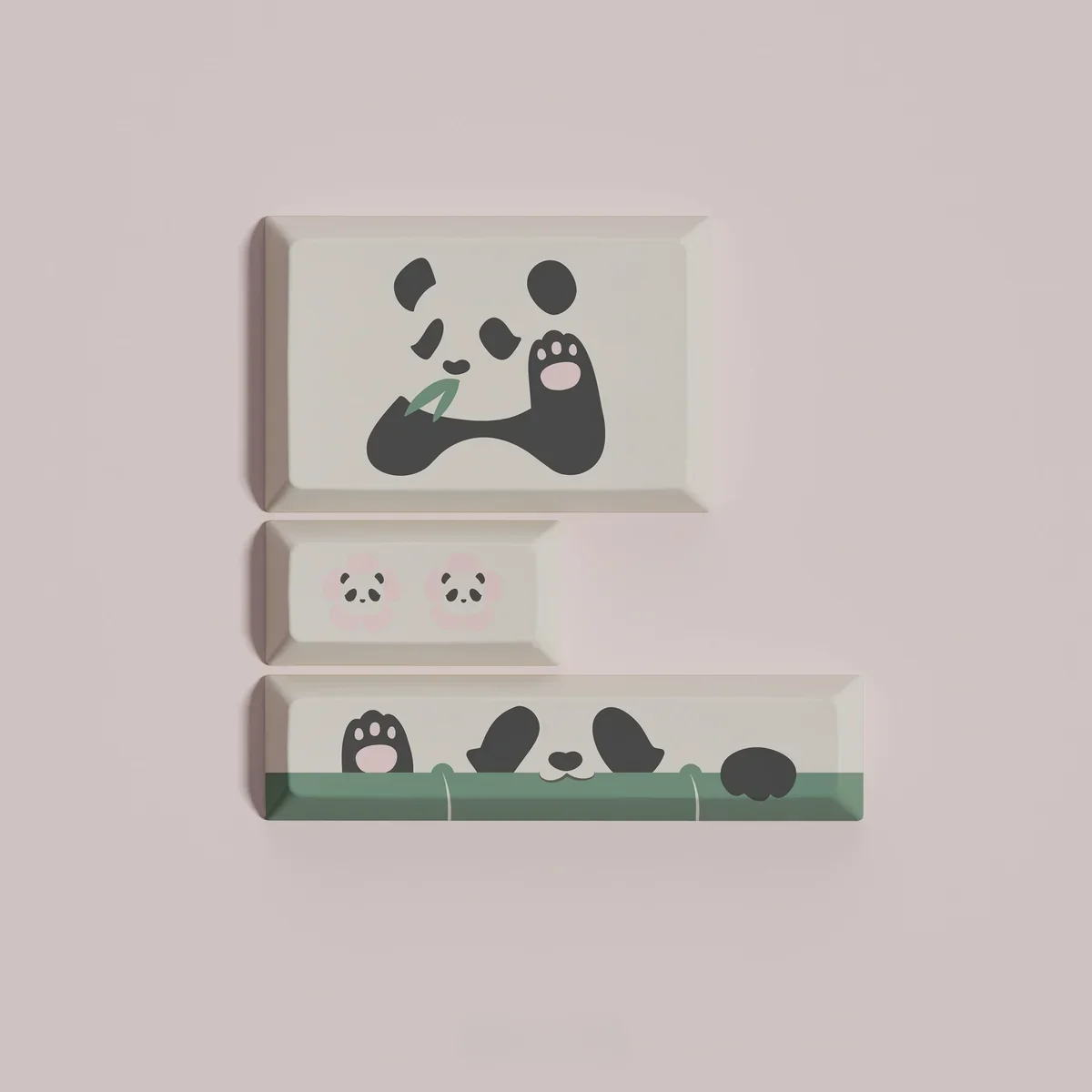 Panda PBT keycaps set from various angles, showcasing the playful aesthetic. Highlights durable PBT and crisp dye-sub legends in a warm hues.