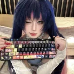 Vibrant Panty Stocking keycaps set, an exclusive anime keyboard set, showcasing playful character art and bold colors from various dynamic angles.