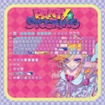 Vibrant Panty & Stocking anime keycaps set displayed from multiple angles, showcasing the exclusive character art and bold colors for a playful keyboard.
