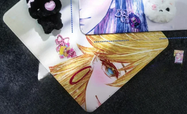 Close-up of the vibrant Panty Stocking mouse pad, highlighting the exclusive, bold anime character art and playful aesthetic.