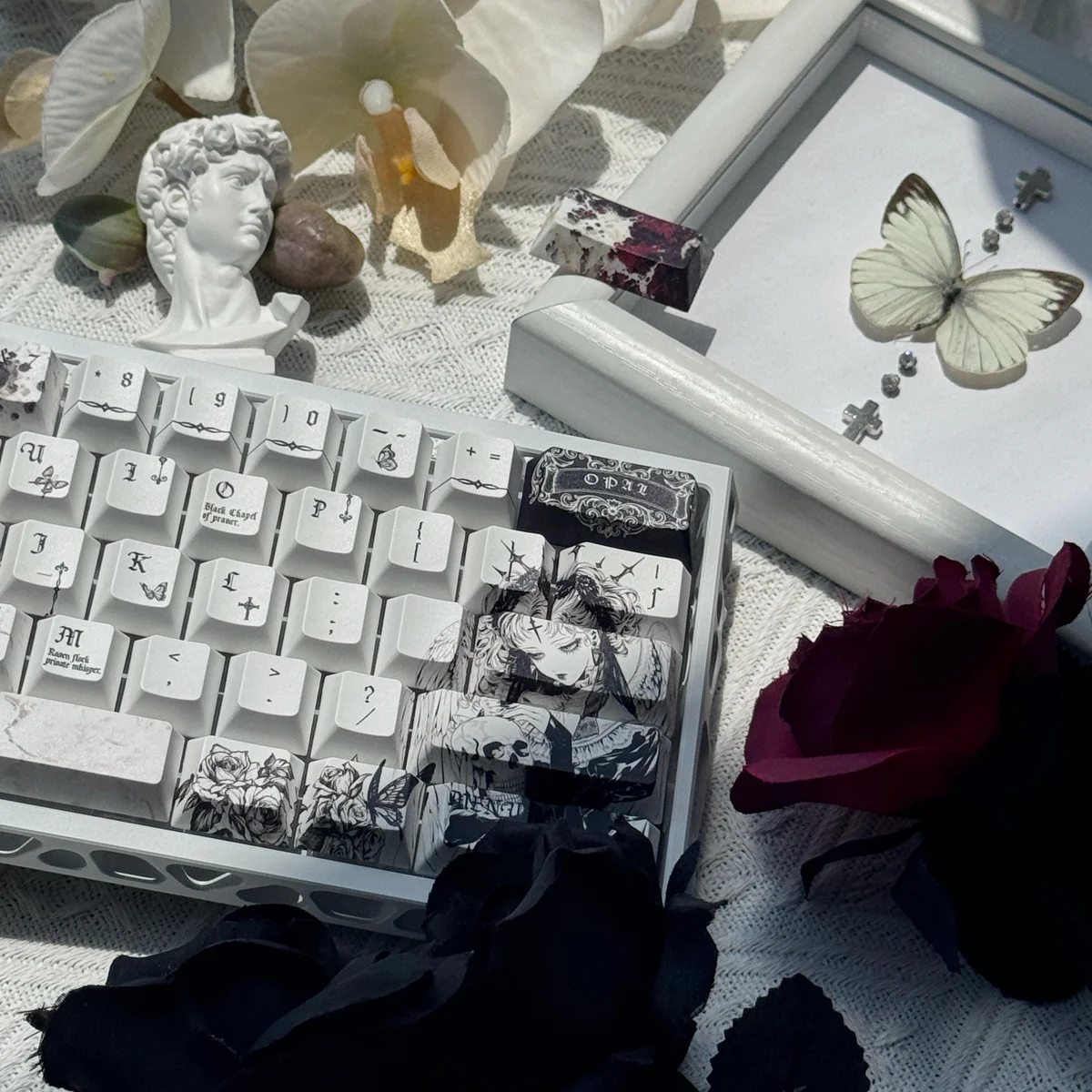 Detailed view of Elegance PBT Black White Keycaps Set showcasing durable PBT material, stark black and white contrast, and intricate five-side sublimation.