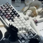 Detailed view of PBT Black White Keycaps Set, highlighting durable PBT material and crisp five-sided dye-sublimation. Exhibits classic elegance and mystical touch.