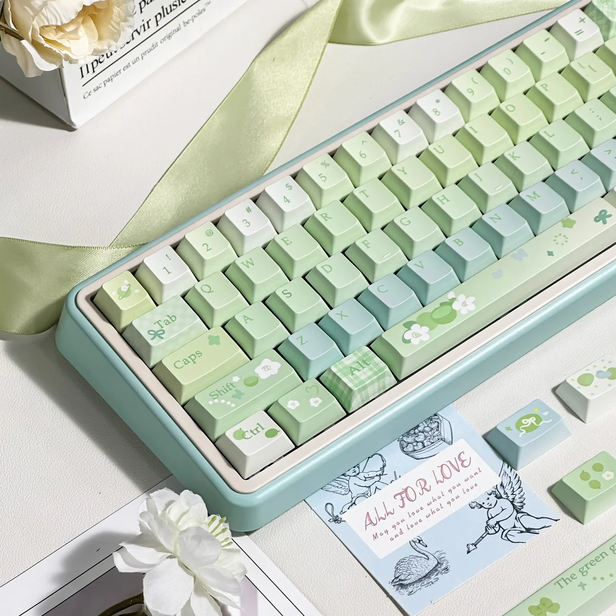 Multiple angles of the Gardenia Green Grape Series Keycap Set, showcasing serene muted green and creamy white for minimalist elegance.