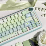 Gardenia Green Grape Series Keycap Set displaying muted green and creamy white keys from various angles, highlighting its fresh, minimalist elegant.