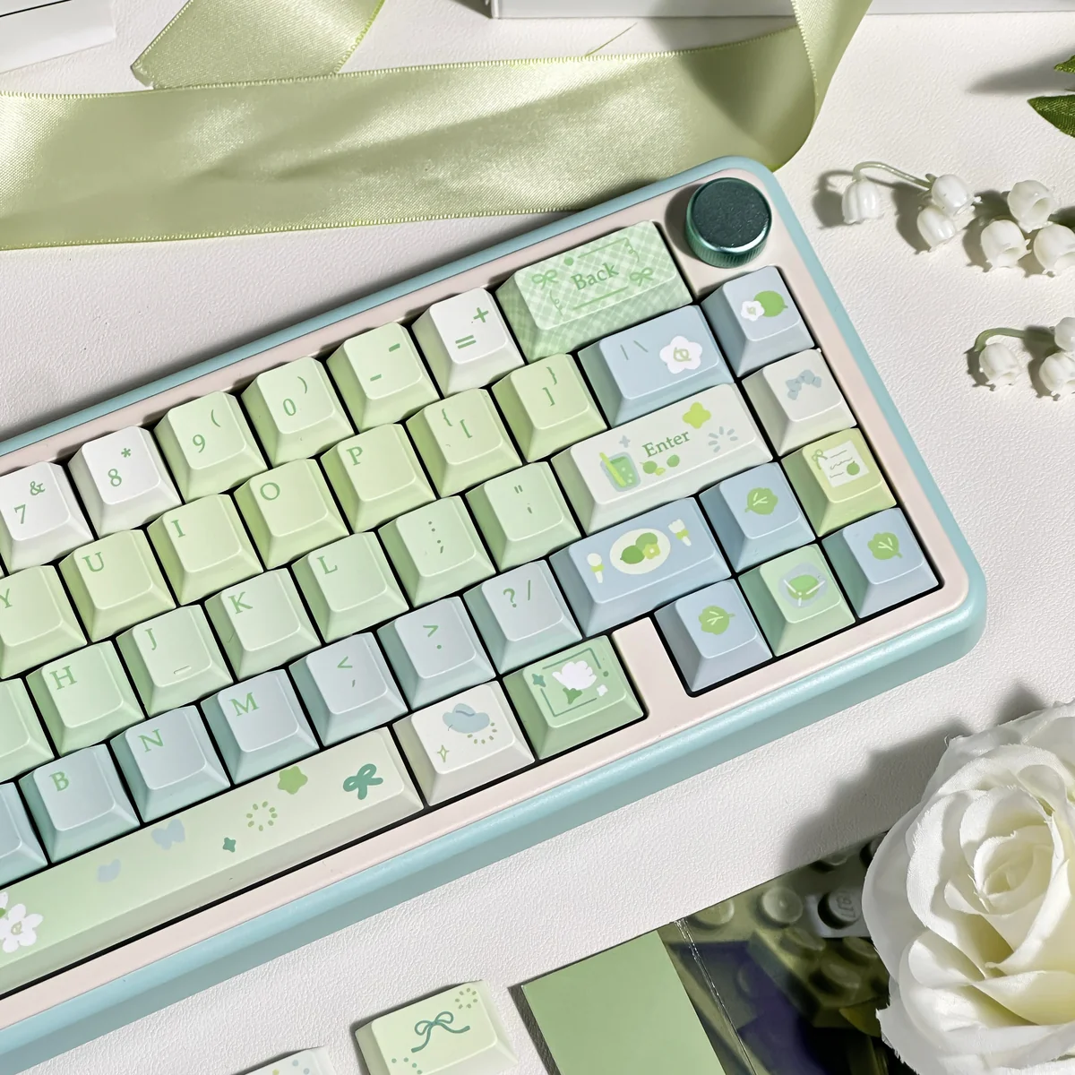 Gardenia Green Grape Series Keycap Set displaying muted green and creamy white keys from various angles, highlighting its fresh, minimalist elegant.