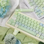 Close-up of the Gardenia Green Grape Series Keycap Set, showcasing its serene muted green and creamy white design from various angles.
