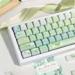 Gardenia Green Grape Series Keycap Set, in serene muted green and creamy white. Multiple angles reveal its premium, minimalist design.
