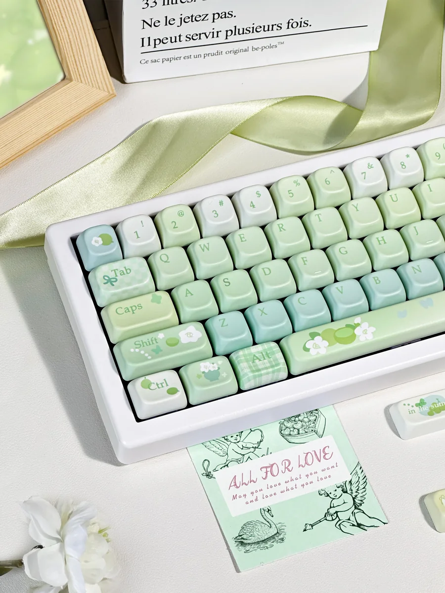 Gardenia Green Grape Series Keycap Set, in serene muted green and creamy white. Multiple angles reveal its premium, minimalist design.