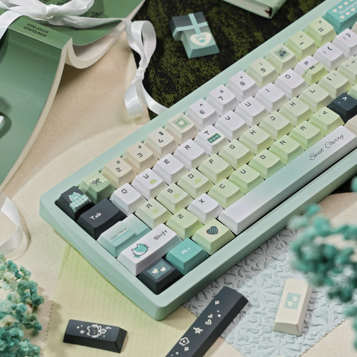 Literary Quest PBT Keycap Set from various angles, showcasing durable dye-sublimated PBT and artistic ancient motifs evoking exploration.