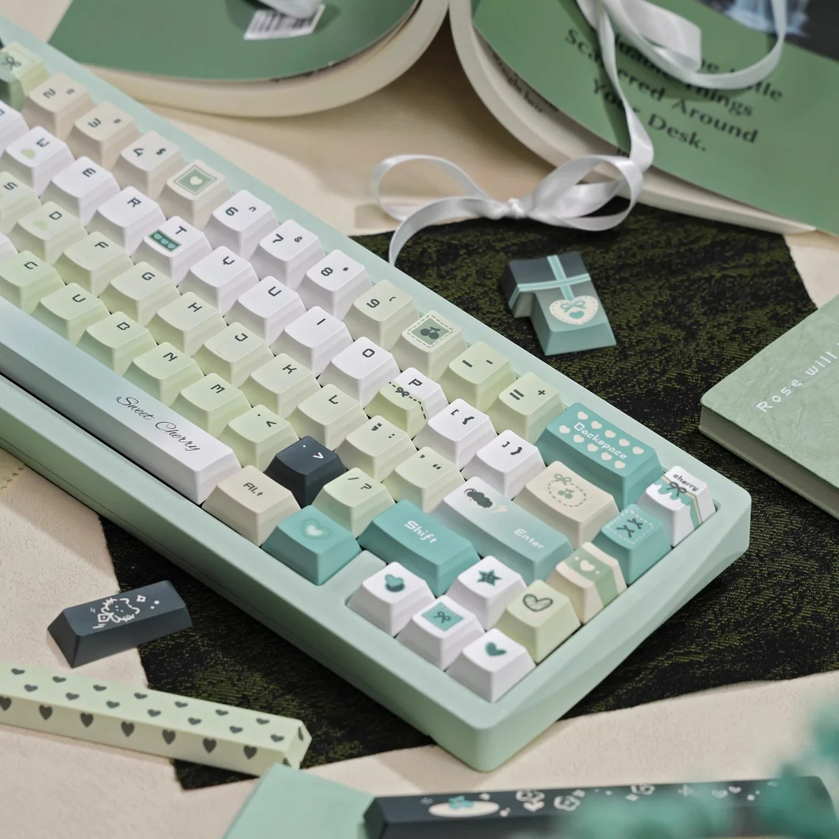 Literary Quest PBT keycap set, durable dye-sublimated. Multiple angles reveal artistic literary designs and ancient motifs, evoking wisdom.