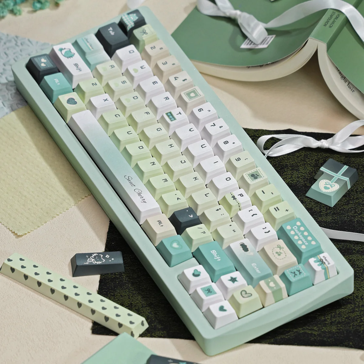 Literary Quest PBT keycap set, dye-sublimated with ancient motifs, showcasing durable PBT keycaps from various artistic angles, evoking wisdom.