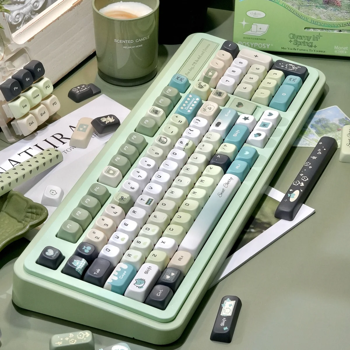 Literary Quest PBT keycap set from various angles, highlighting durable dye-sublimated legends with ancient motifs, embodying artistic exploration.